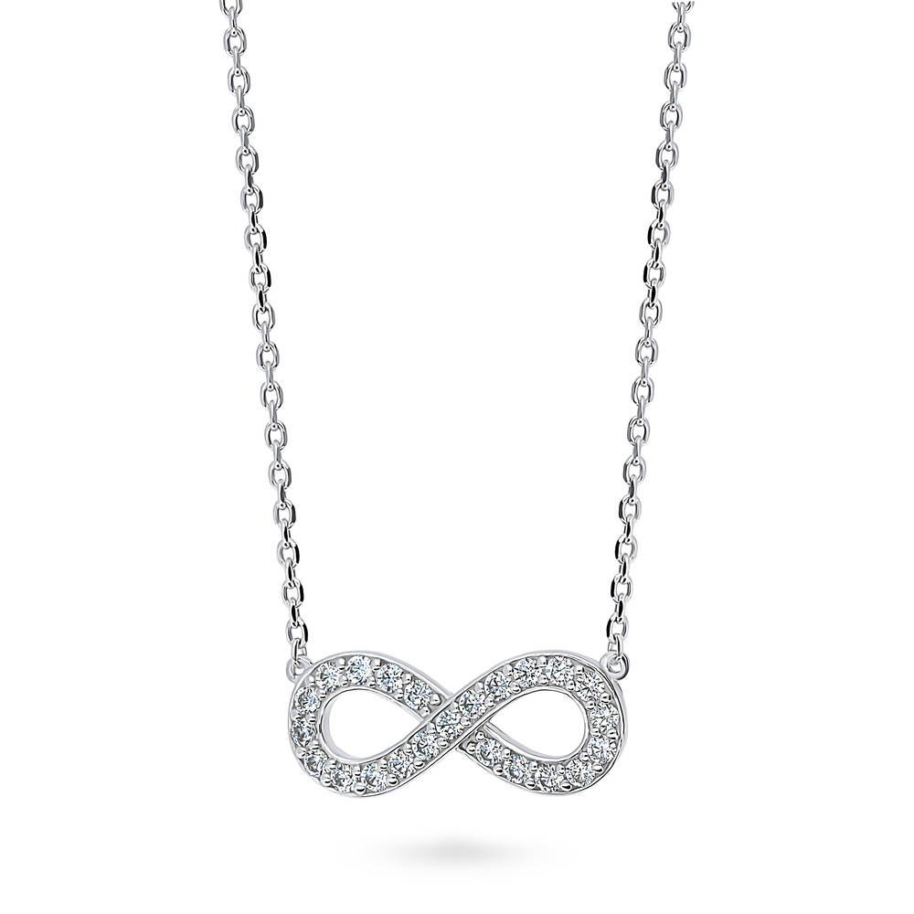 Front view of Infinity CZ Necklace and Earrings Set in Sterling Silver