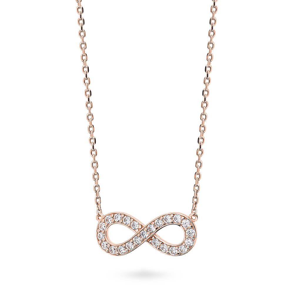Front view of Infinity CZ Pendant Necklace in Rose Gold Flashed Sterling Silver