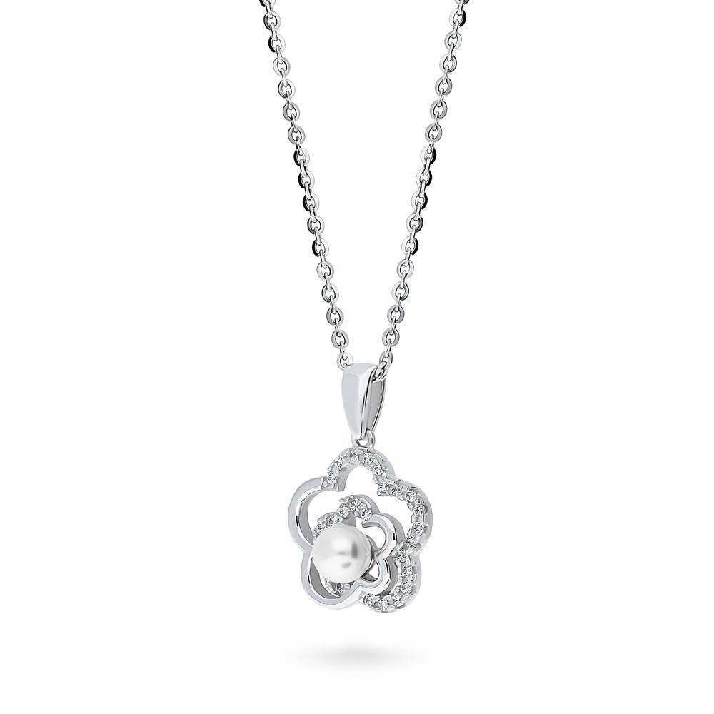 Front view of Flower Imitation Pearl Pendant Necklace in Sterling Silver