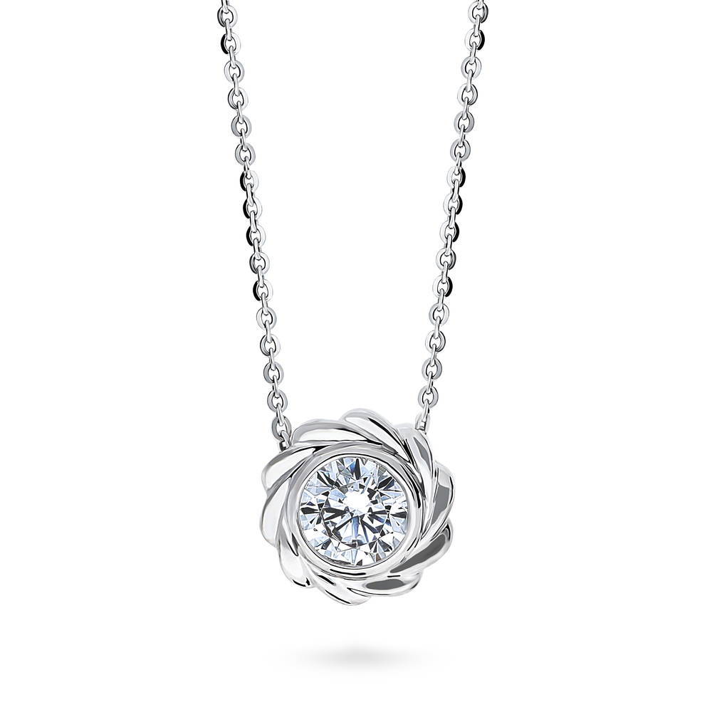 Woven Solitaire Bezel Set CZ Pendant Necklace in Sterling Silver