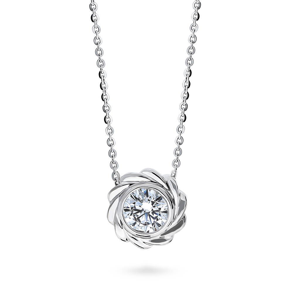 Woven Solitaire Bezel Set CZ Pendant Necklace in Sterling Silver