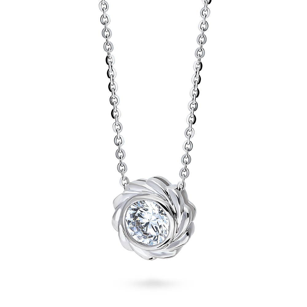 Front view of Woven Solitaire Bezel Set CZ Pendant Necklace in Sterling Silver