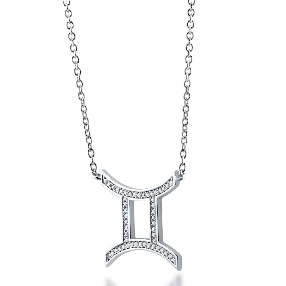 Front view of Zodiac Gemini CZ Pendant Necklace in Sterling Silver