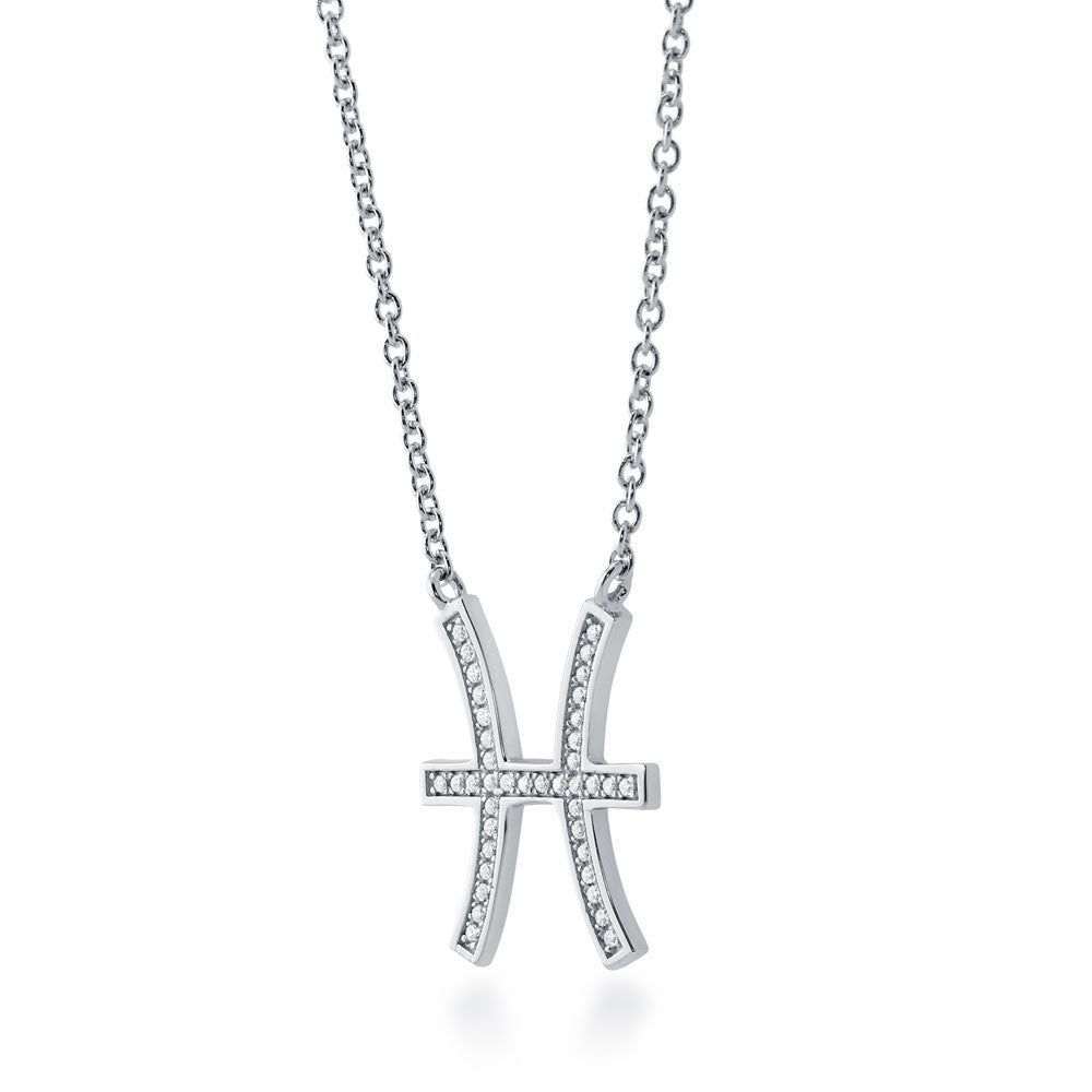 Front view of Zodiac Pisces CZ Pendant Necklace in Sterling Silver
