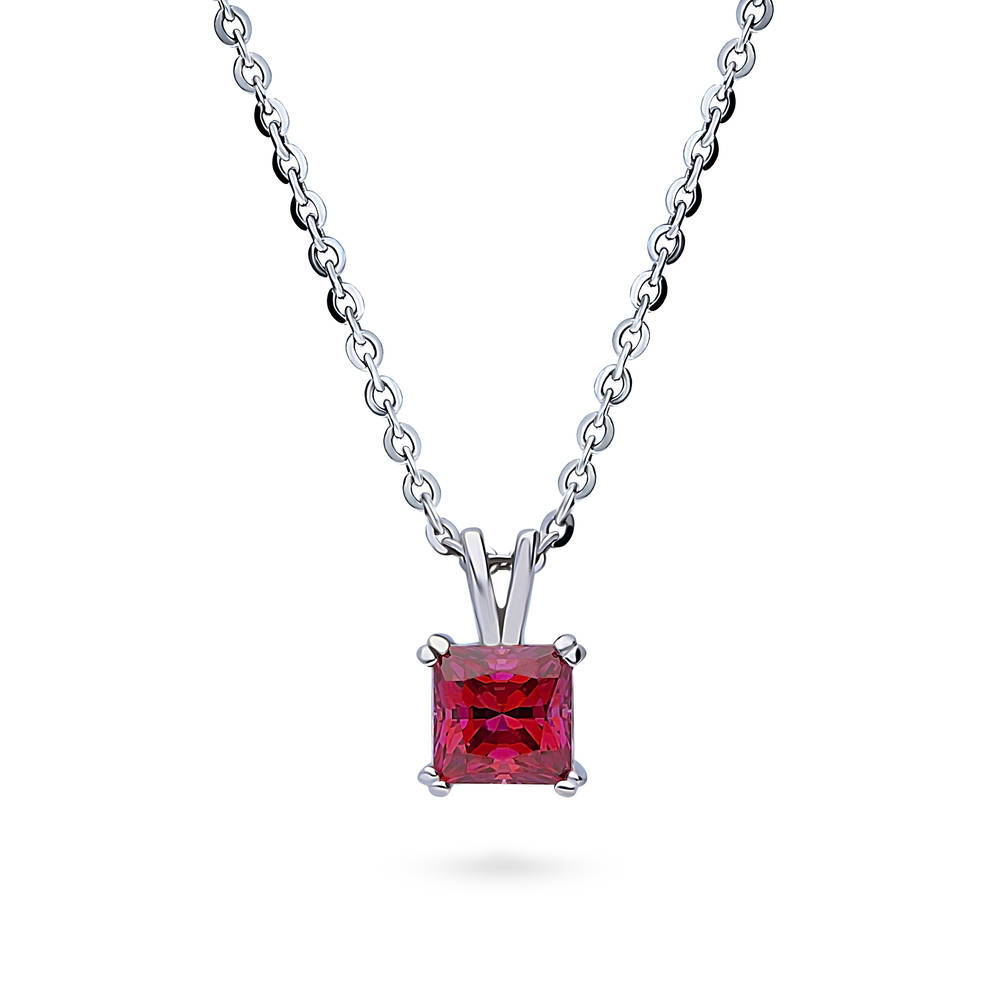 Solitaire Red Princess CZ Pendant Necklace in Sterling Silver 1.2ct, 1 of 6