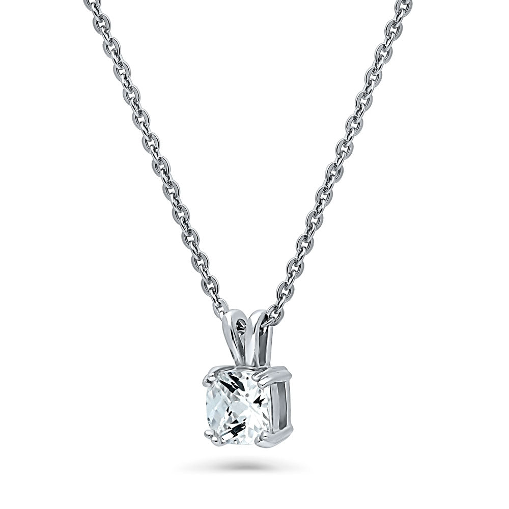 Front view of Solitaire 1.25ct Checkerboard Cushion CZ Necklace in Sterling Silver