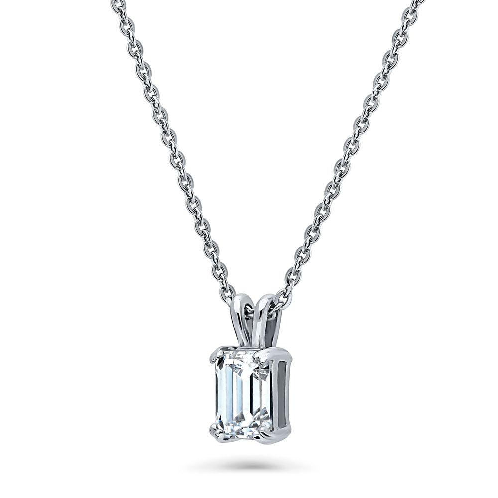 Front view of Solitaire 1ct Emerald Cut CZ Pendant Necklace in Sterling Silver