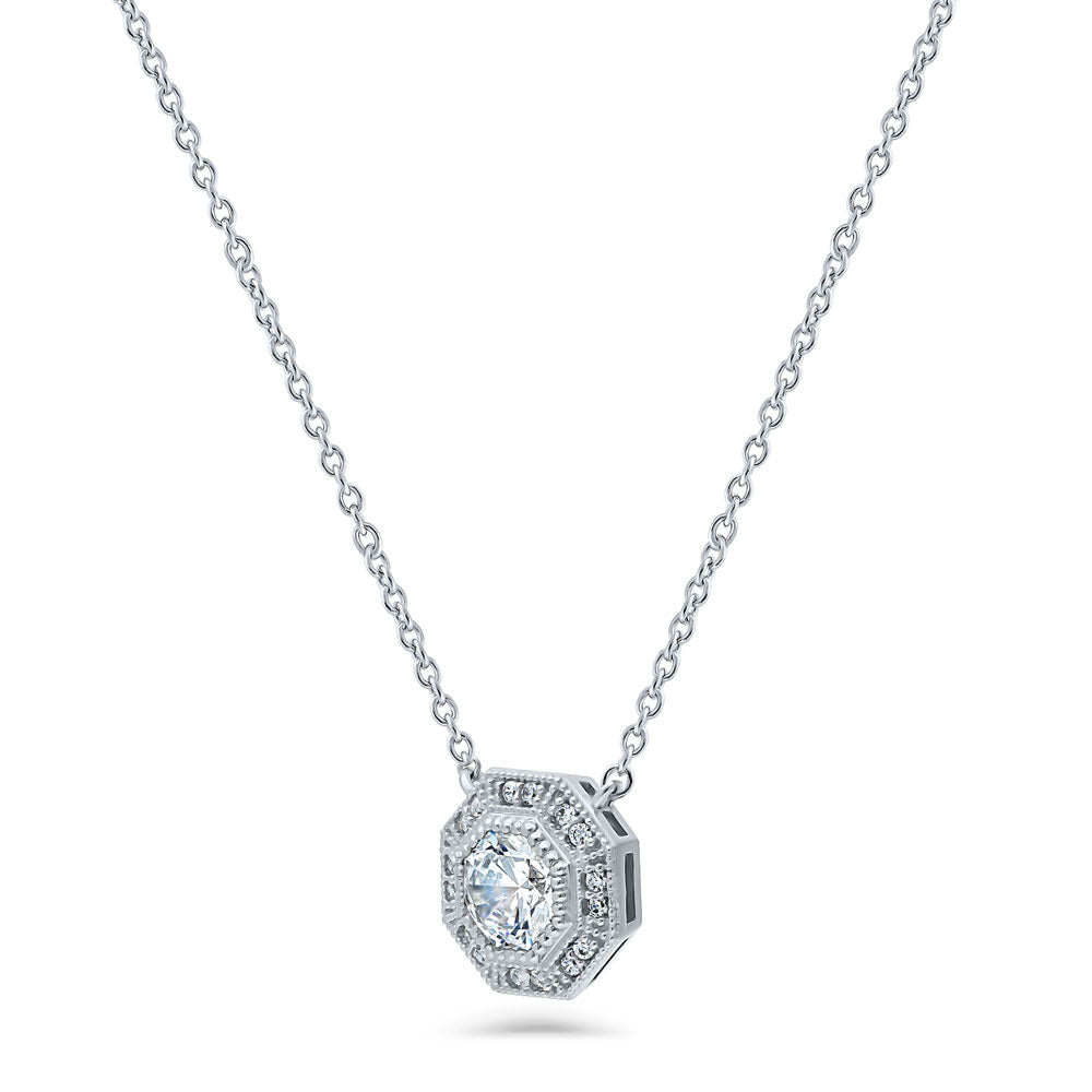 Front view of Halo Milgrain Octagon Sun CZ Pendant Necklace in Sterling Silver