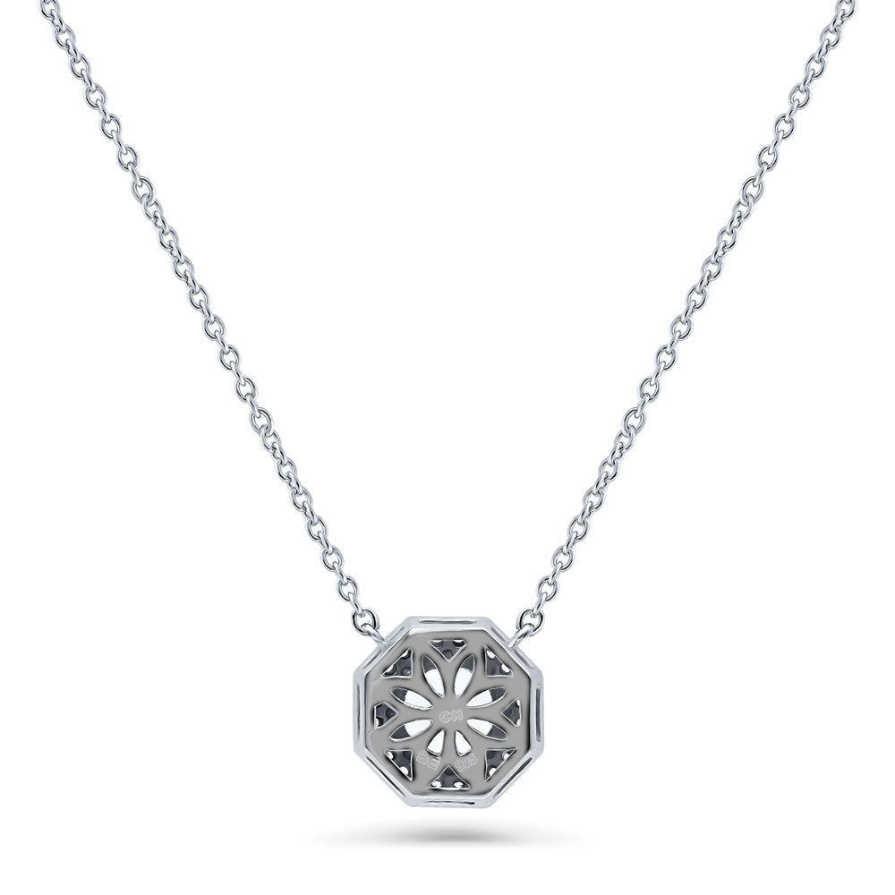 Angle view of Halo Milgrain Octagon Sun CZ Pendant Necklace in Sterling Silver
