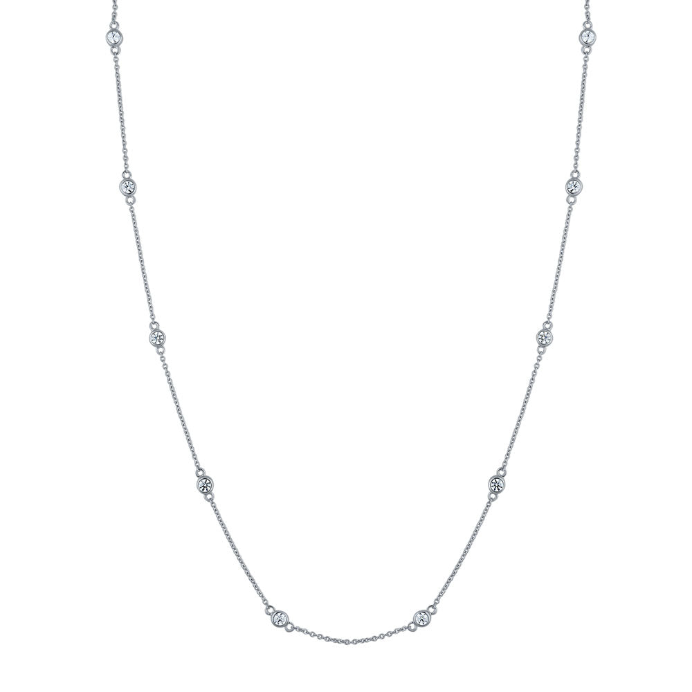 Station CZ Station Necklace in Sterling Silver, Rhodium Plated / 16 inch + 2 inch extension