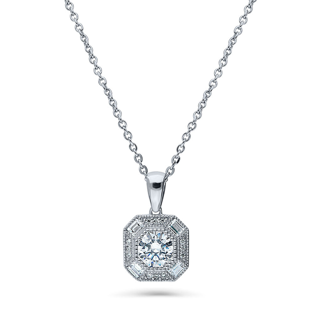 Halo Art Deco Octagon Sun CZ Pendant Necklace in Sterling Silver, 1 of 7