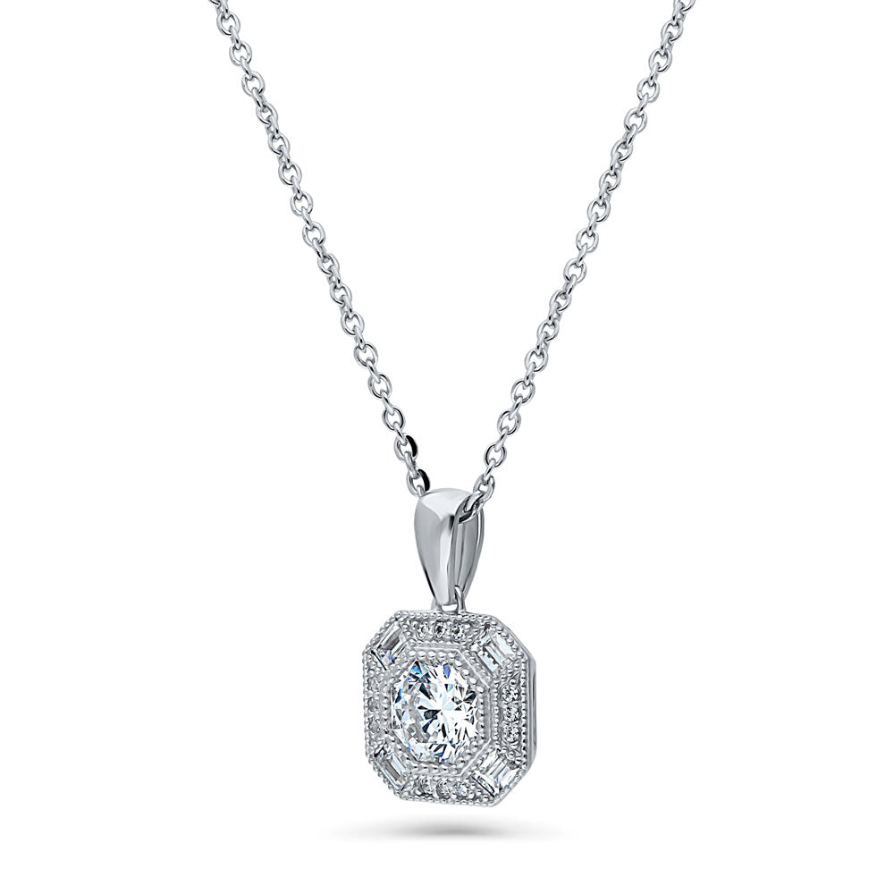 Front view of Halo Art Deco Octagon Sun CZ Pendant Necklace in Sterling Silver