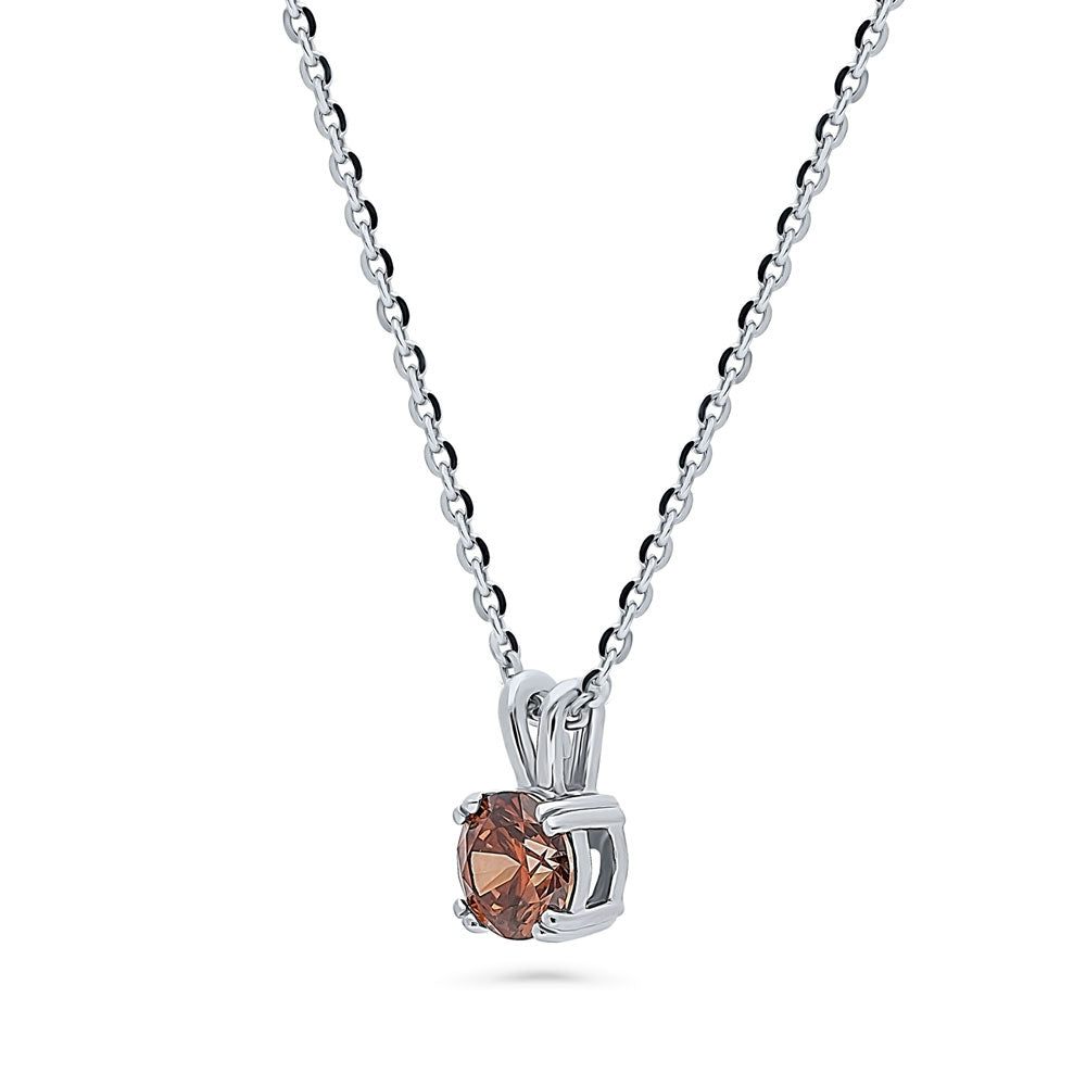 Front view of Solitaire Caramel Round CZ Pendant Necklace in Sterling Silver 0.8ct