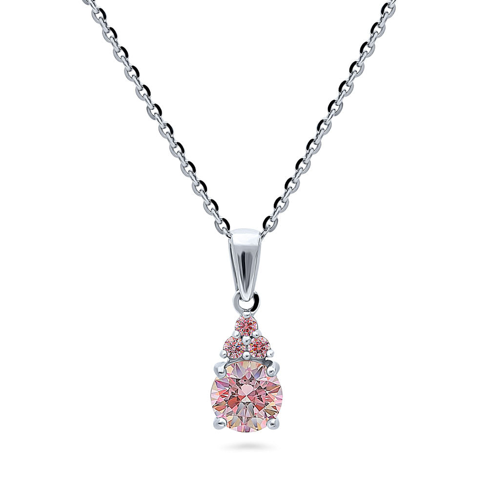 Solitaire 1ct Morganite Color Round CZ Necklace in Sterling Silver