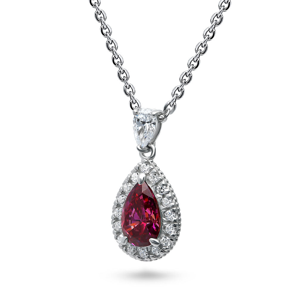 Front view of Halo Red Pear CZ Pendant Necklace in Sterling Silver