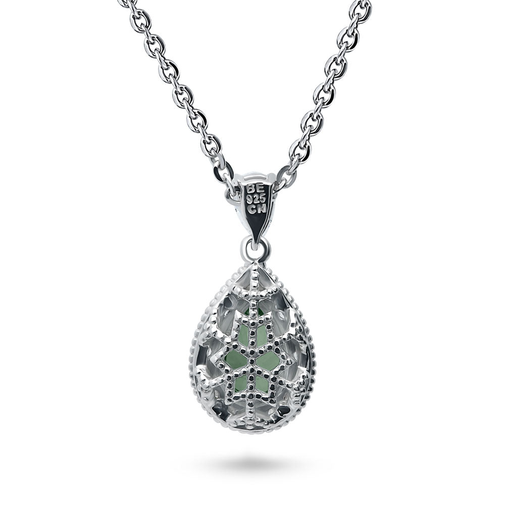 Angle view of Halo Green Pear CZ Pendant Necklace in Sterling Silver