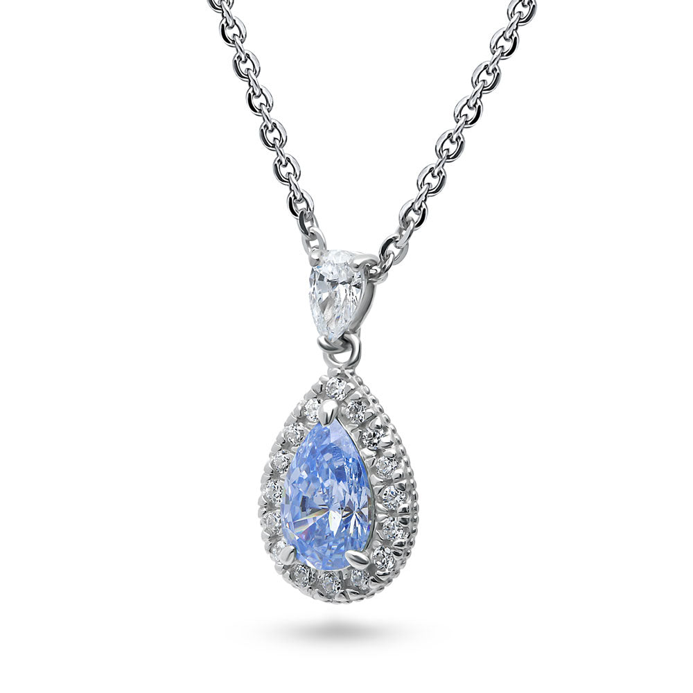 Front view of Halo Blue Pear CZ Pendant Necklace in Sterling Silver