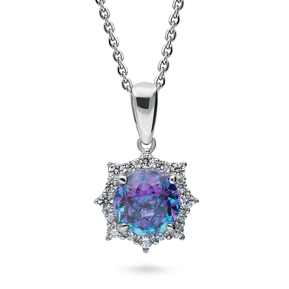 Sunburst Halo Purple Aqua CZ Pendant Necklace in Sterling Silver