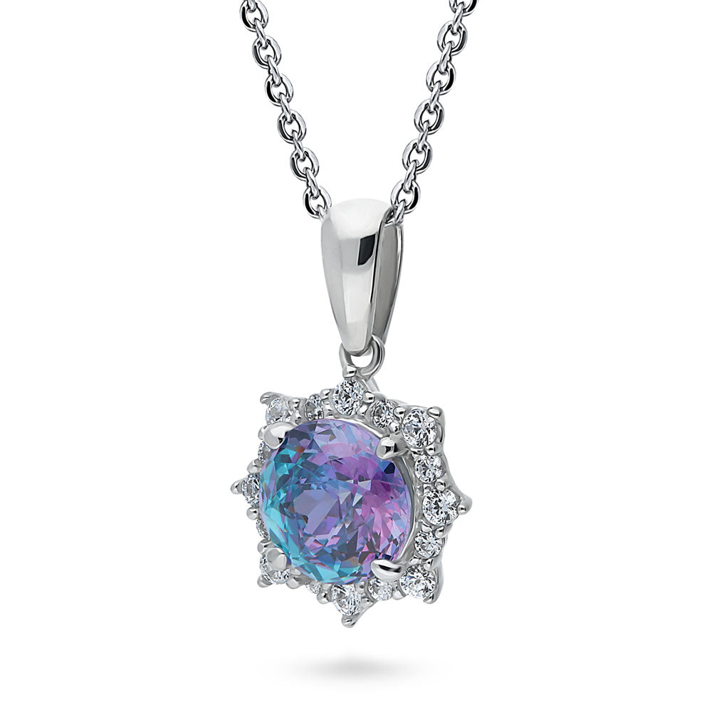 Sunburst Halo Purple Aqua CZ Pendant Necklace in Sterling Silver