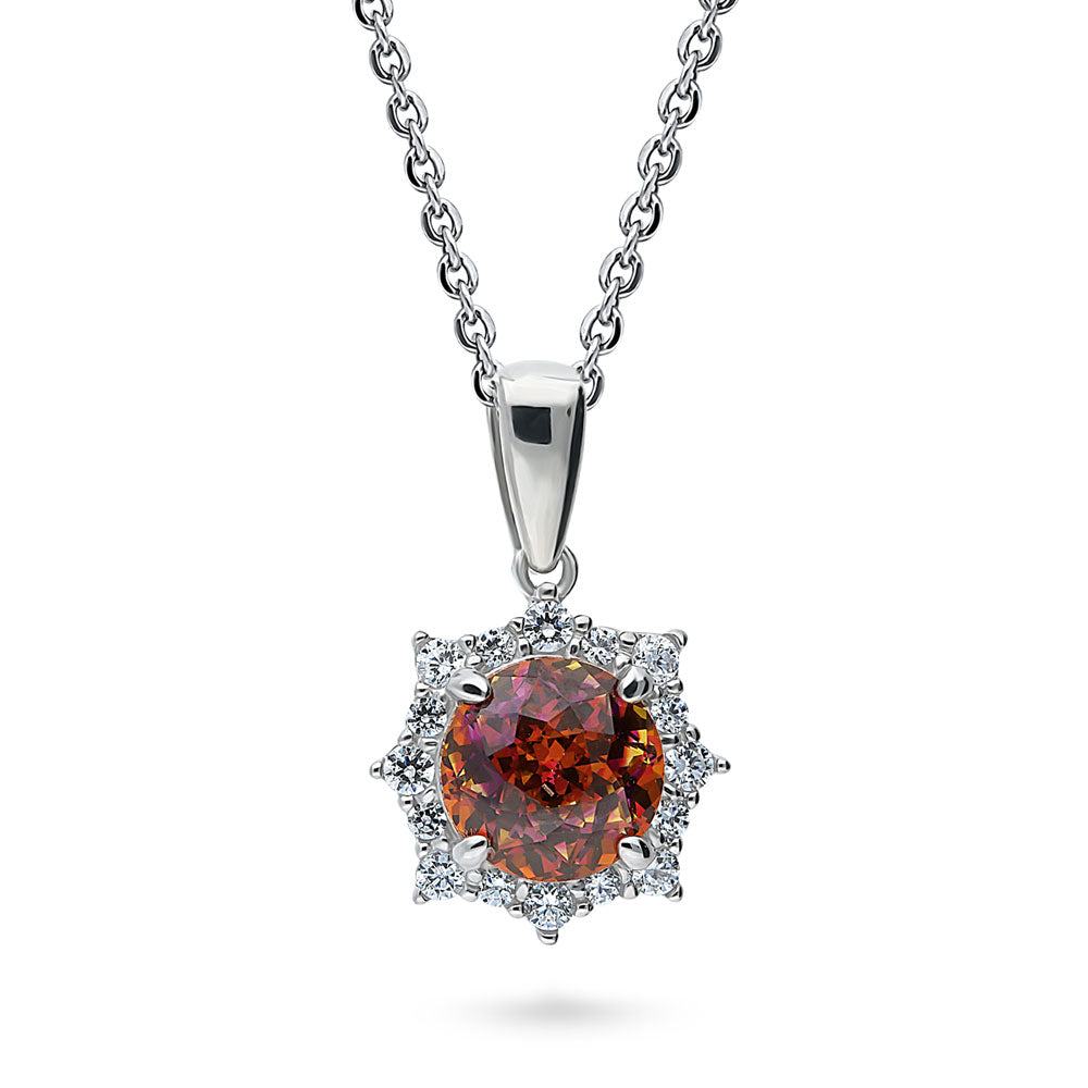 Sunburst Halo Red Orange CZ Pendant Necklace in Sterling Silver