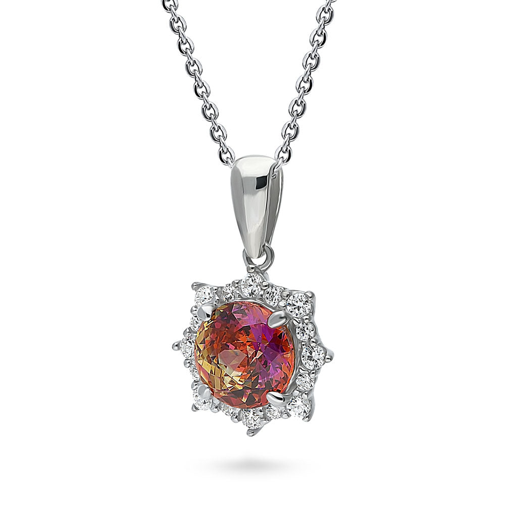 Sunburst Halo Red Orange CZ Pendant Necklace in Sterling Silver