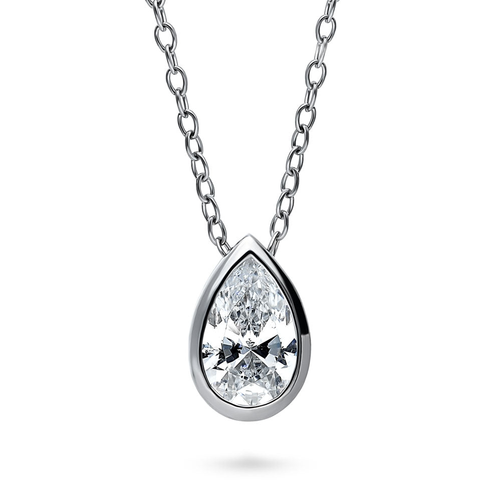 Solitaire 0.8ct Bezel Pear CZ Necklace in Sterling Silver