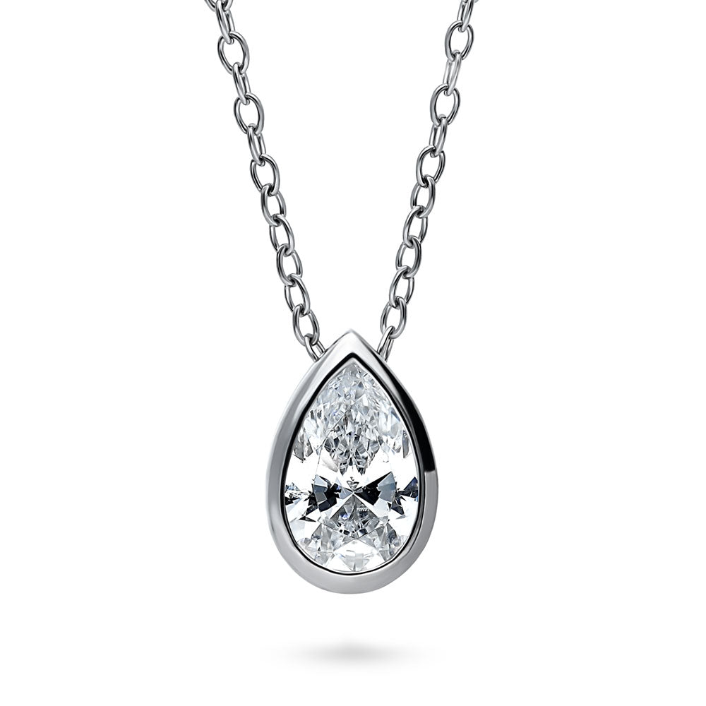 Solitaire Bezel Set Pear CZ Pendant Necklace in Sterling Silver 0.8ct, 1 of 6