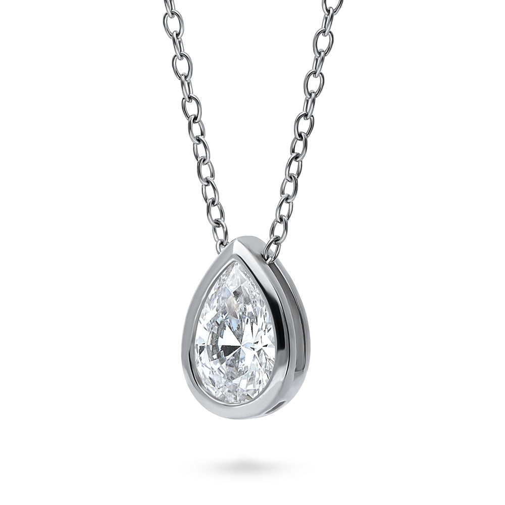 Front view of Solitaire Bezel Set Pear CZ Pendant Necklace in Sterling Silver 0.8ct, 4 of 6
