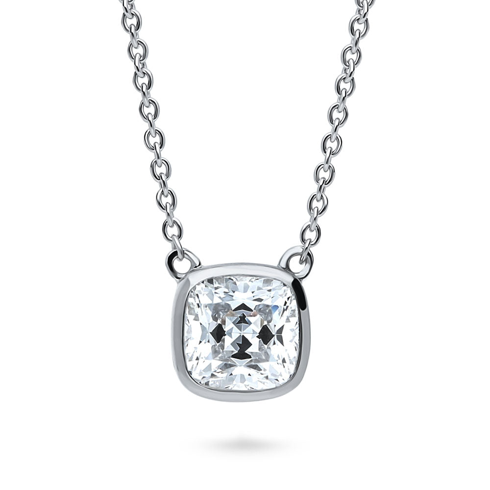 Solitaire Bezel Set Cushion CZ Necklace in Sterling Silver 1.25ct