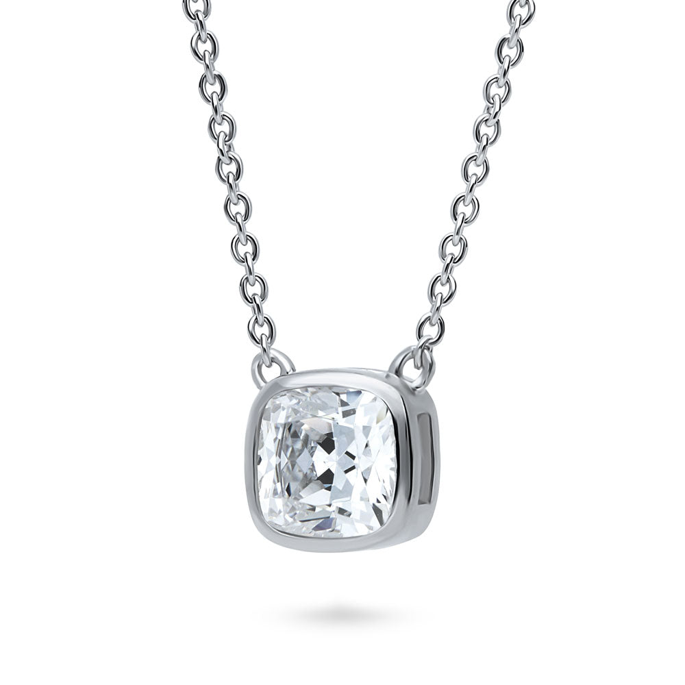 Front view of Solitaire Bezel Set Cushion CZ Necklace in Sterling Silver 1.25ct, 4 of 6