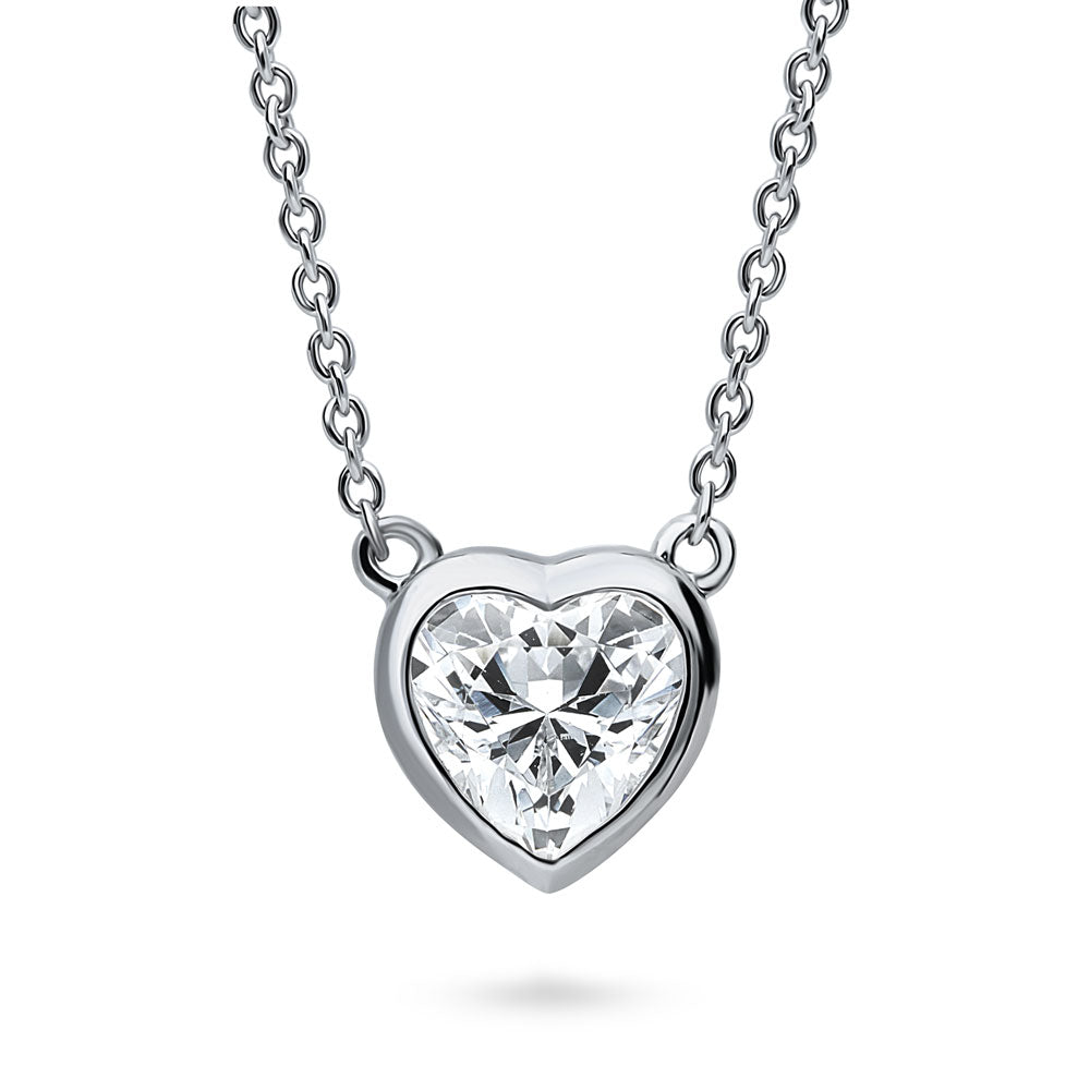 Solitaire Bezel Set Heart CZ Pendant Necklace in Sterling Silver 0.7ct, 1 of 6