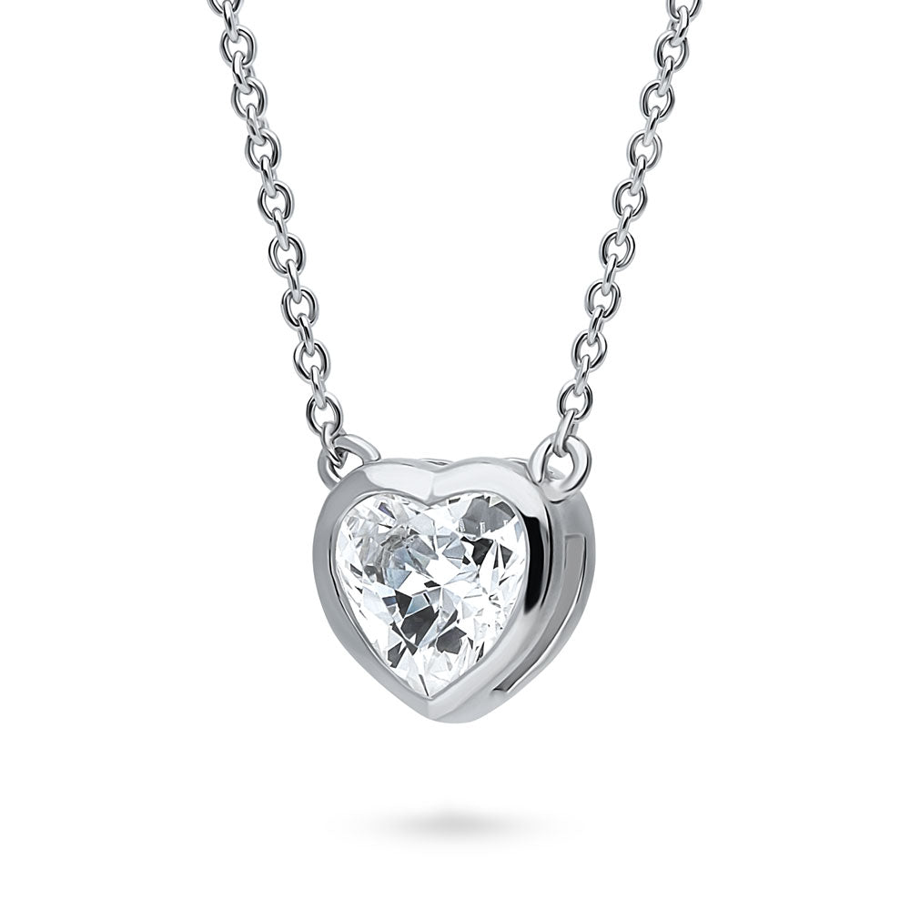 Front view of Solitaire Bezel Set Heart CZ Pendant Necklace in Sterling Silver 0.7ct, 4 of 6