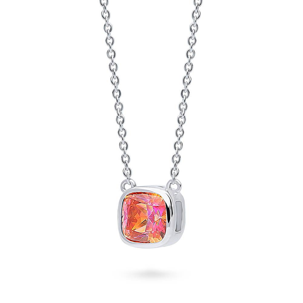 Front view of Kaleidoscope Red Orange Bezel Set CZ Necklace in Sterling Silver