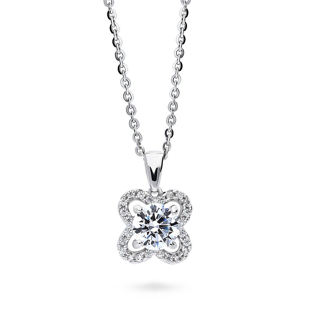 Flower Halo CZ Pendant Necklace in Sterling Silver