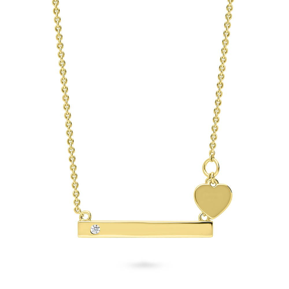 Front view of Bar Heart CZ Pendant Necklace in Gold Flashed Sterling Silver