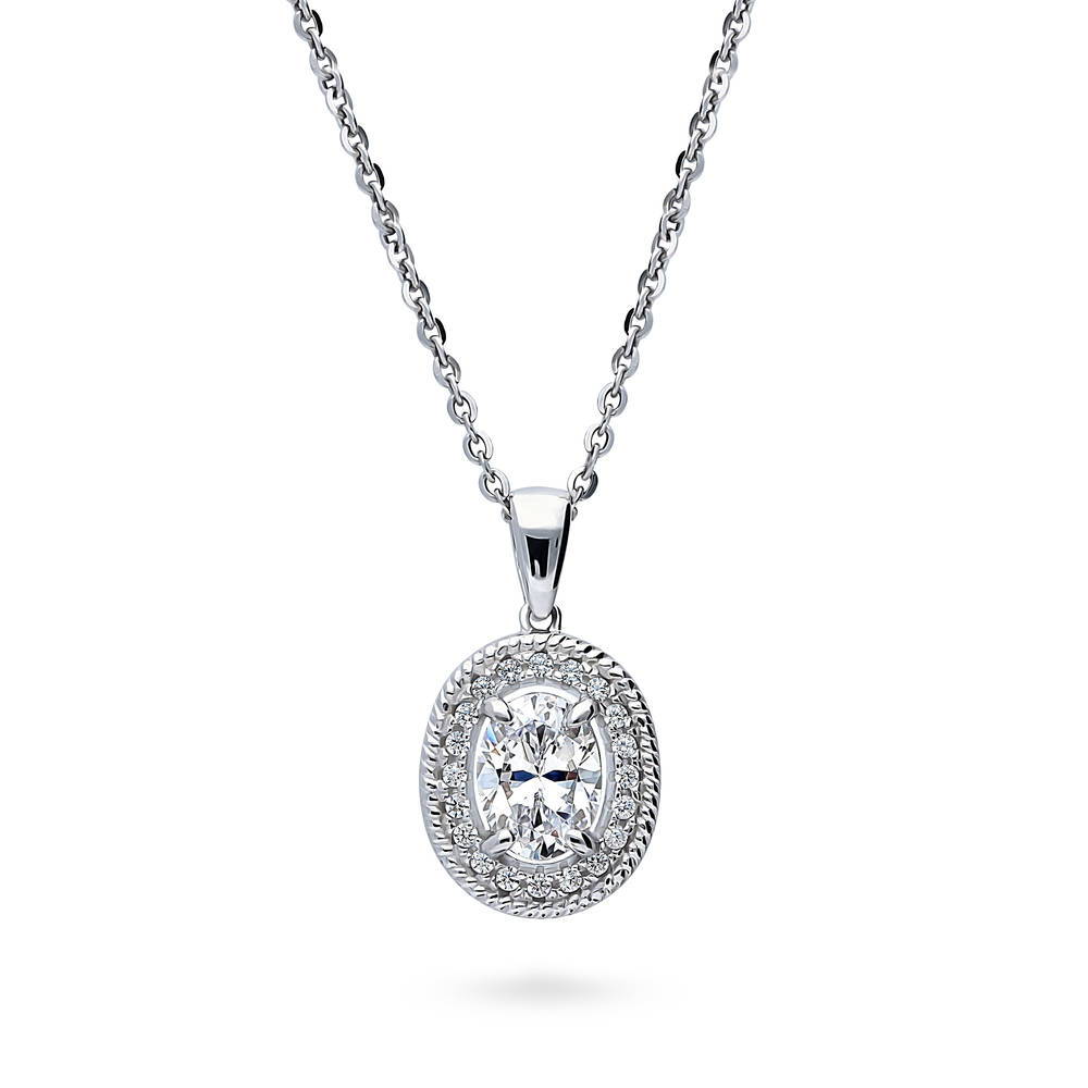 Halo Woven Oval CZ Pendant Necklace in Sterling Silver