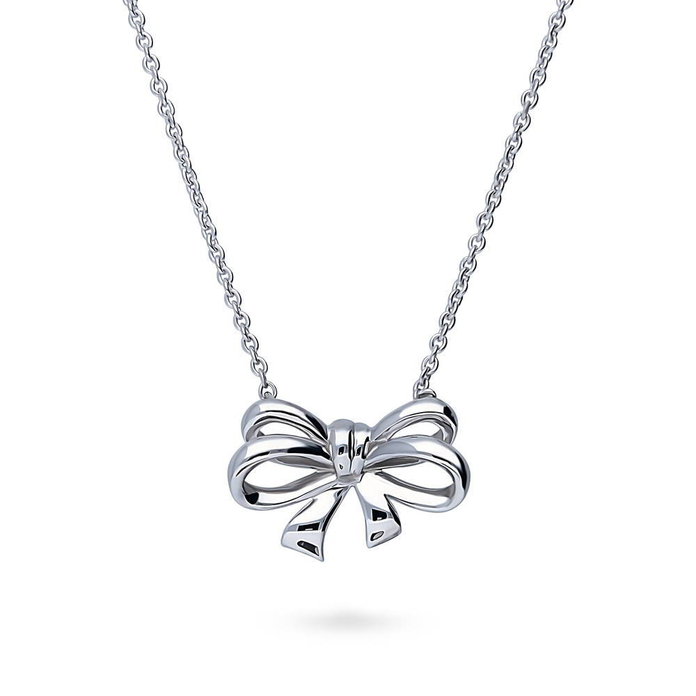 Bow Tie Ribbon CZ Necklace in Sterling Silver, Style 1