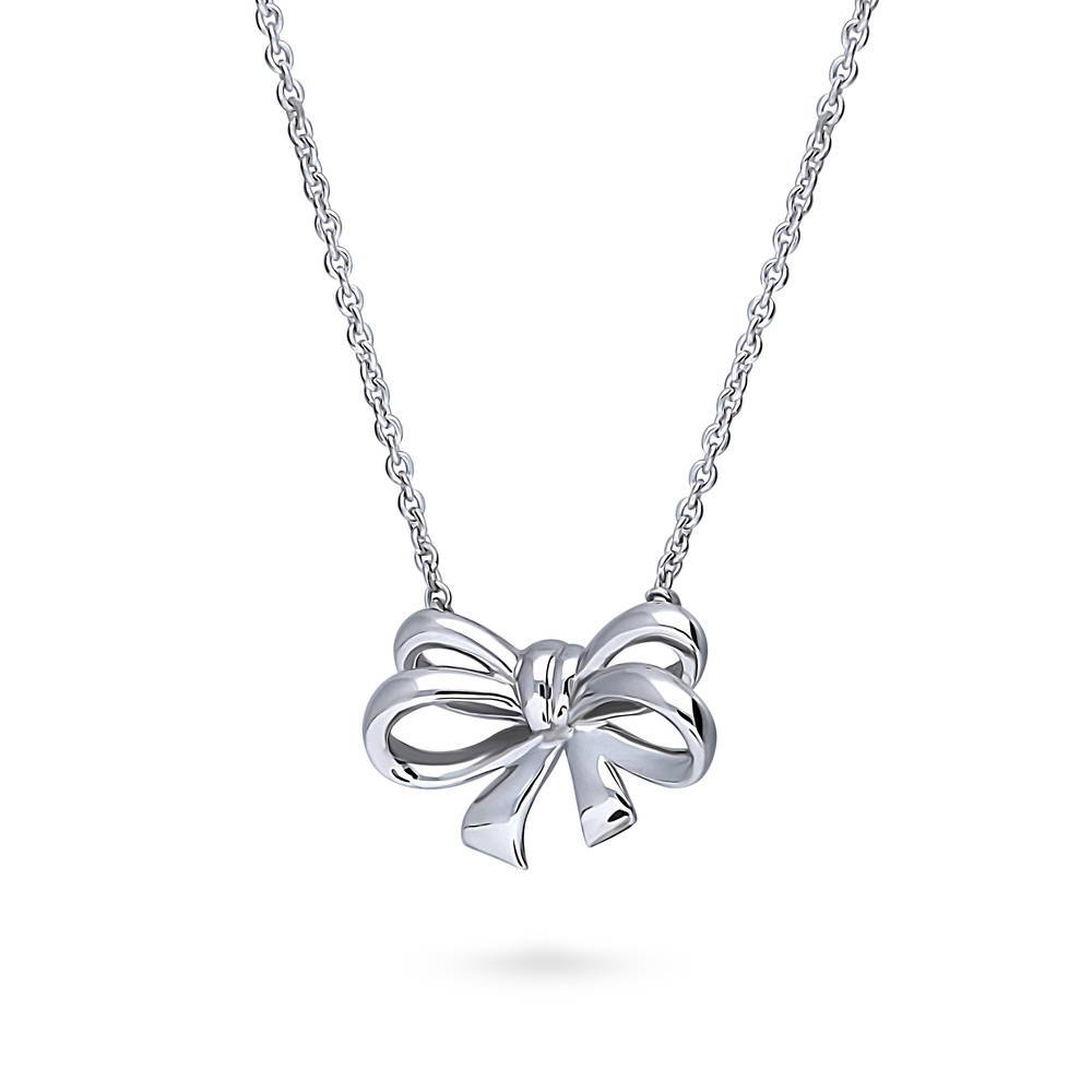 Front view of Bow Tie Ribbon Pendant Necklace in Sterling Silver