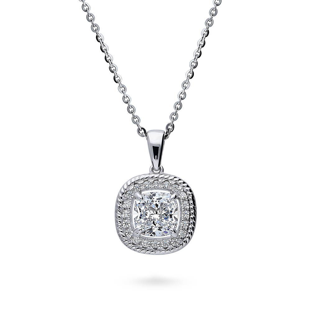 Halo Woven Cushion CZ Pendant Necklace in Sterling Silver, 1 of 7