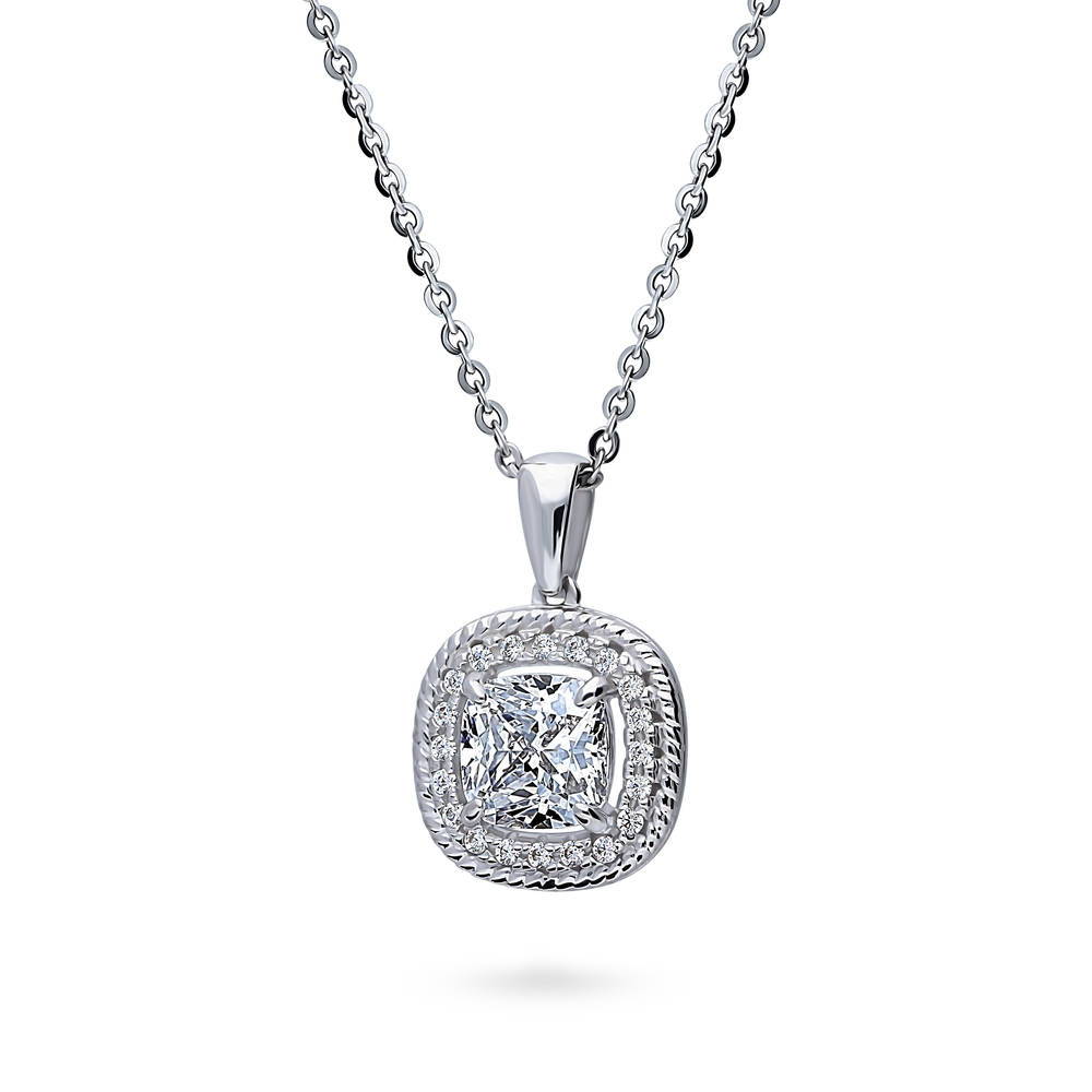 Front view of Halo Woven Cushion CZ Pendant Necklace in Sterling Silver, 4 of 7