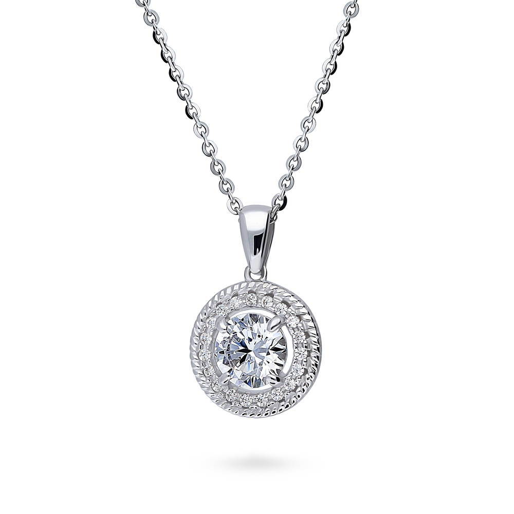 Halo Cable Round CZ Pendant Necklace in Sterling Silver