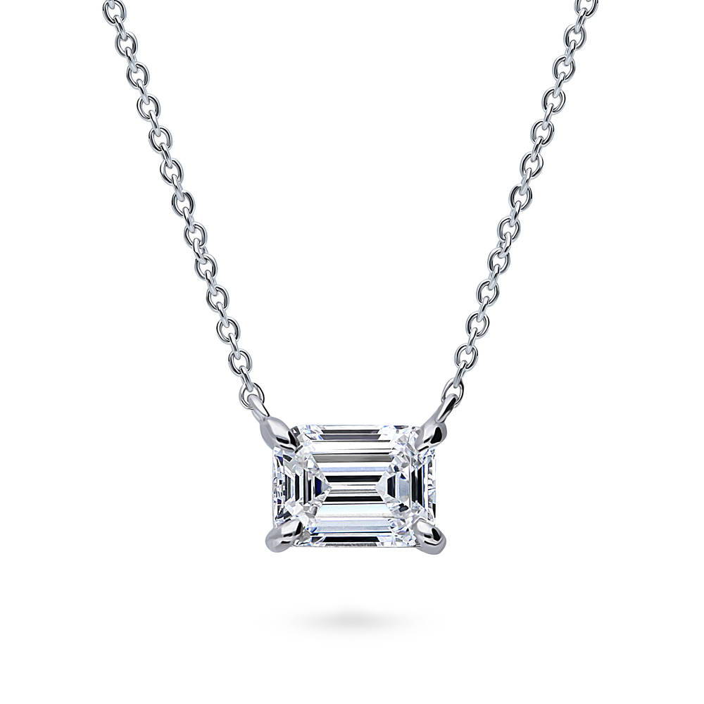 Solitaire East-West Emerald Cut CZ Necklace in Sterling Silver, Rhodium Plated