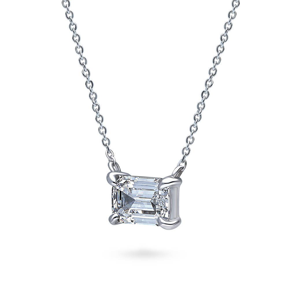 Front view of Solitaire East-West 1.7ct Emerald Cut CZ Necklace in Sterling Silver