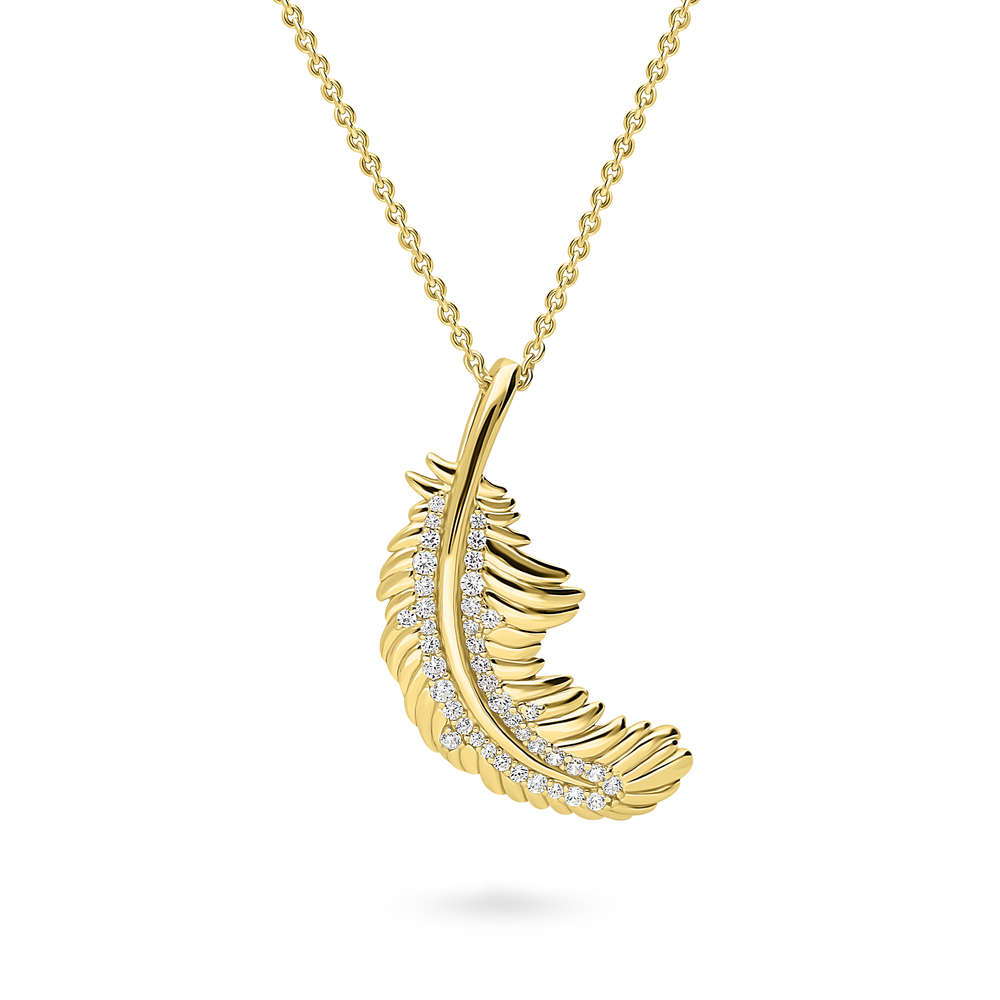 Feather CZ Pendant Necklace in Gold Flashed Sterling Silver, 1 of 8