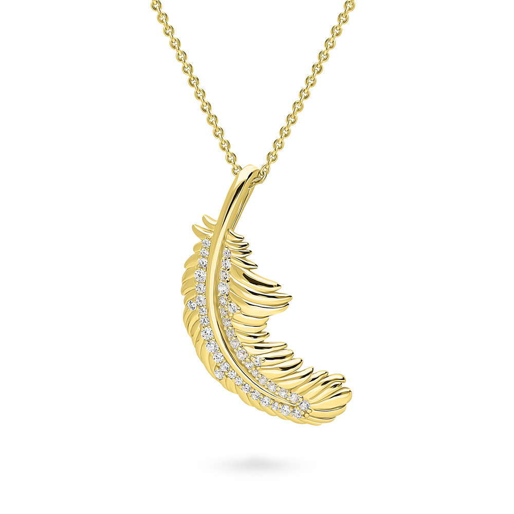 Front view of Feather CZ Pendant Necklace in Gold Flashed Sterling Silver