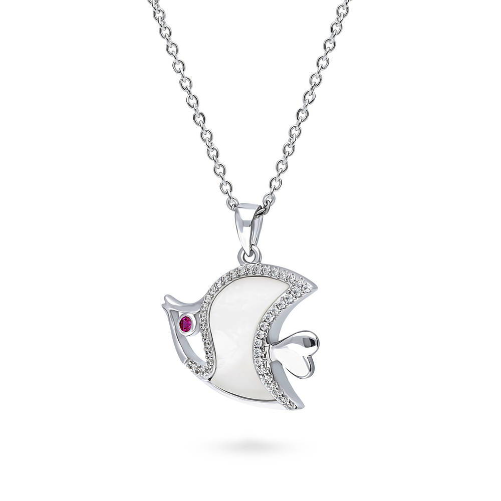 Front view of Fish Mother Of Pearl Pendant Necklace in Sterling Silver