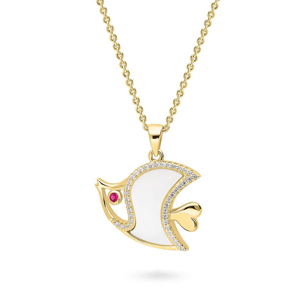 Front view of Fish Mother Of Pearl Pendant Necklace in Gold Flashed Sterling Silver