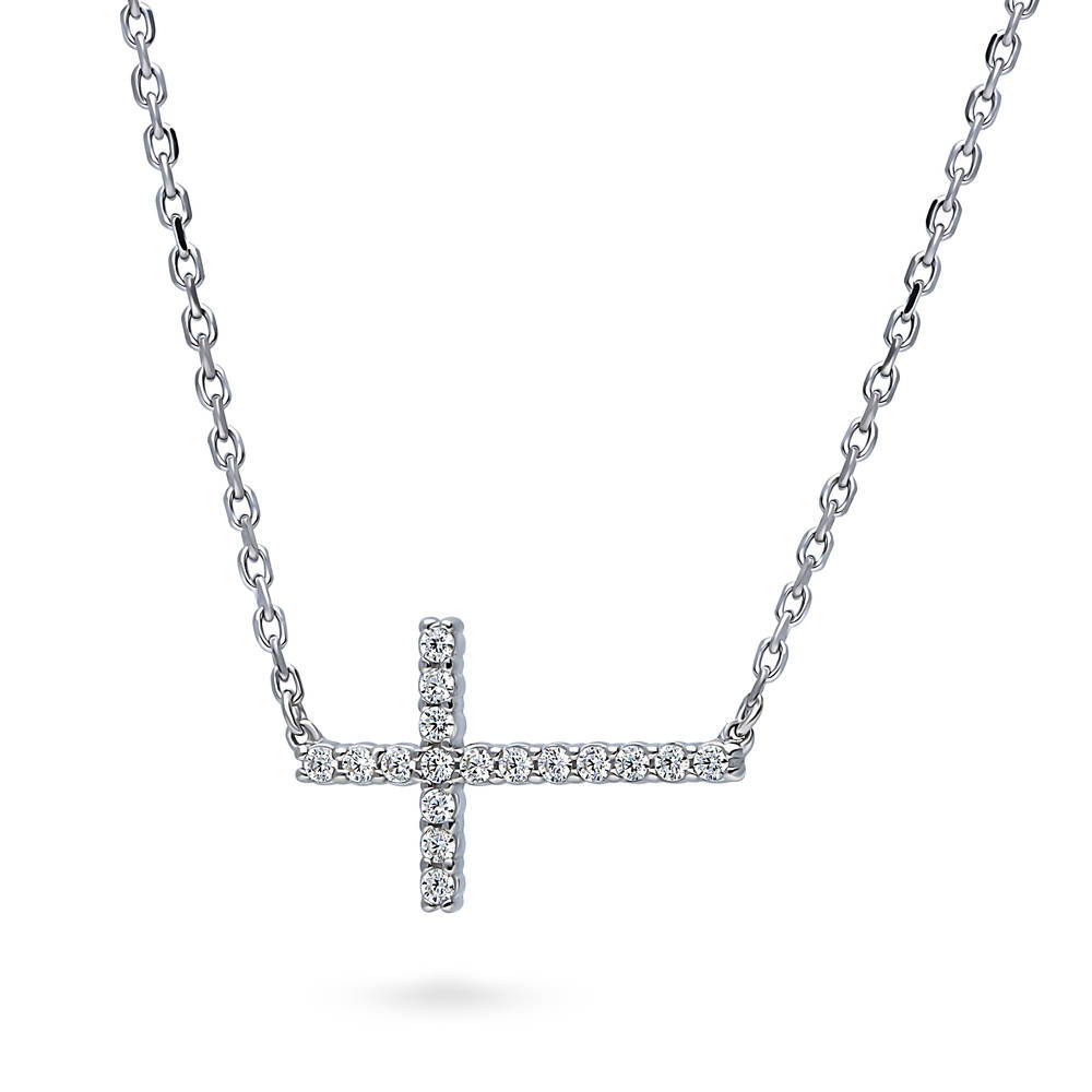 Front view of Sideways Cross CZ Pendant Necklace in Sterling Silver