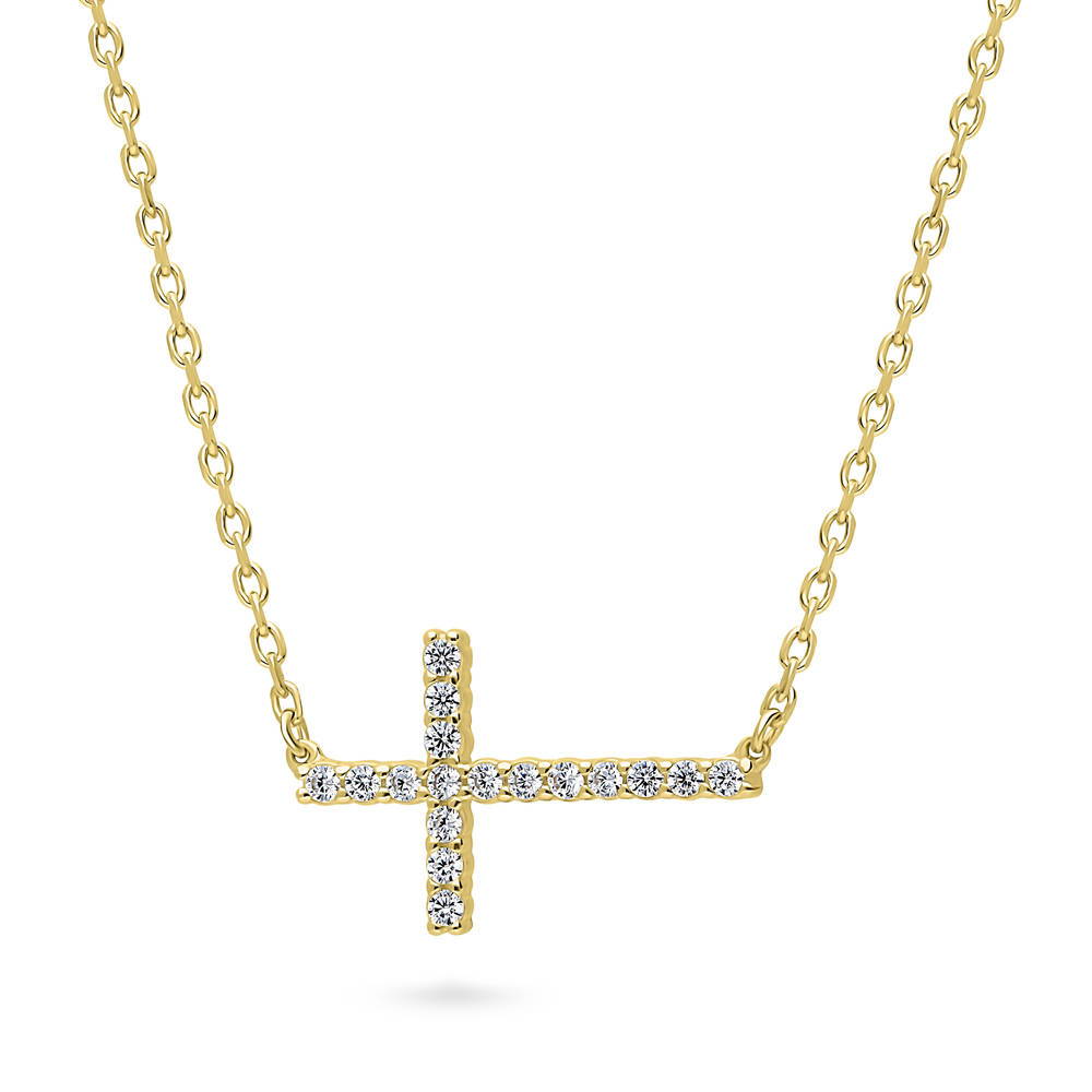 Front view of Sideways Cross CZ Pendant Necklace in Gold Flashed Sterling Silver