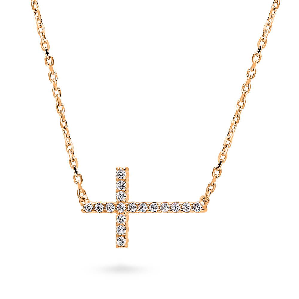 Front view of Sideways Cross CZ Pendant Necklace in Rose Gold Flashed Sterling Silver